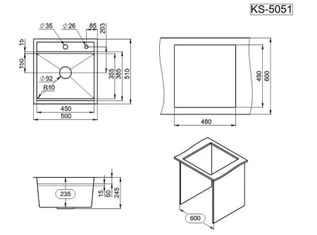 Кухонная мойка GRANULA KS-5051 черный/матовый